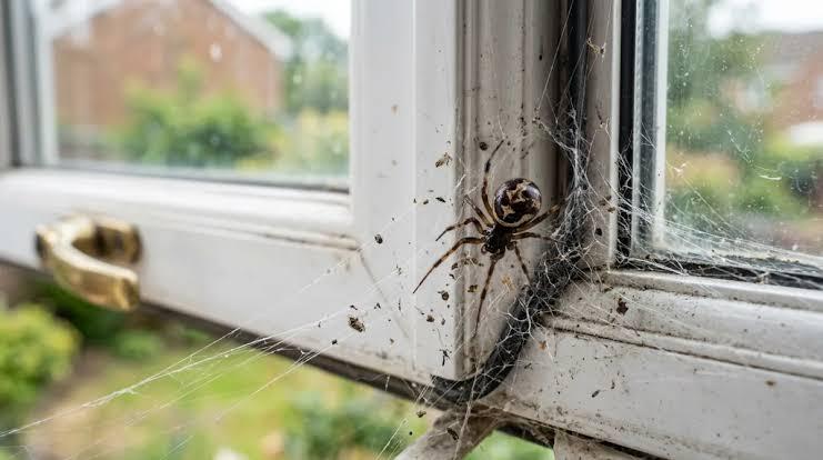 Spider sitting in a web on the frame of an open window