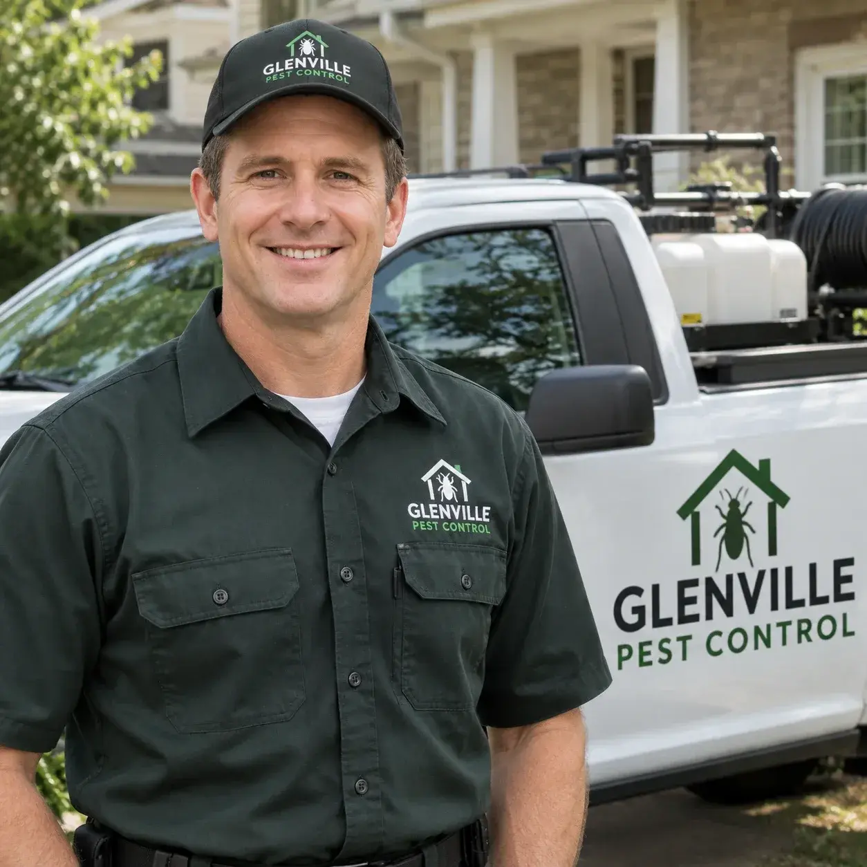 Glenville Pest Control manager in a company uniform and cap, standing in front of a branded service truck